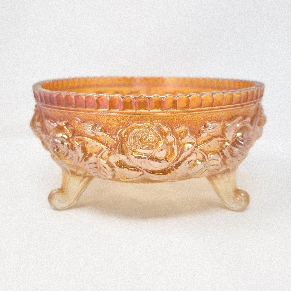 Vintage Marigold Imperial Glass Lustre Rose Carnival Footed Dish